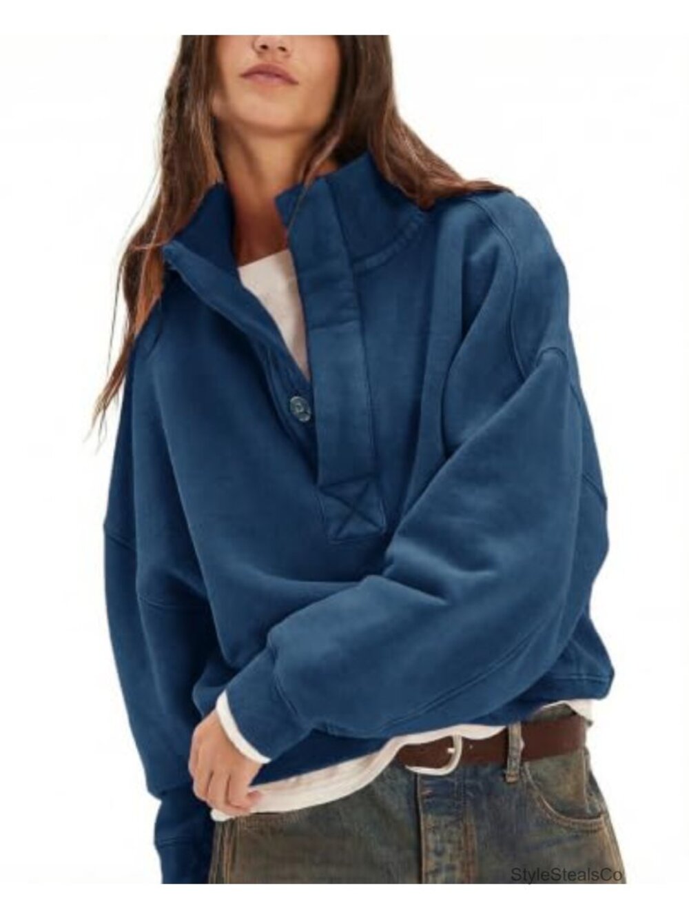 100% Cotton Oversized Henley Neck Sweatshirt Women Long Sleeve Button Pullover